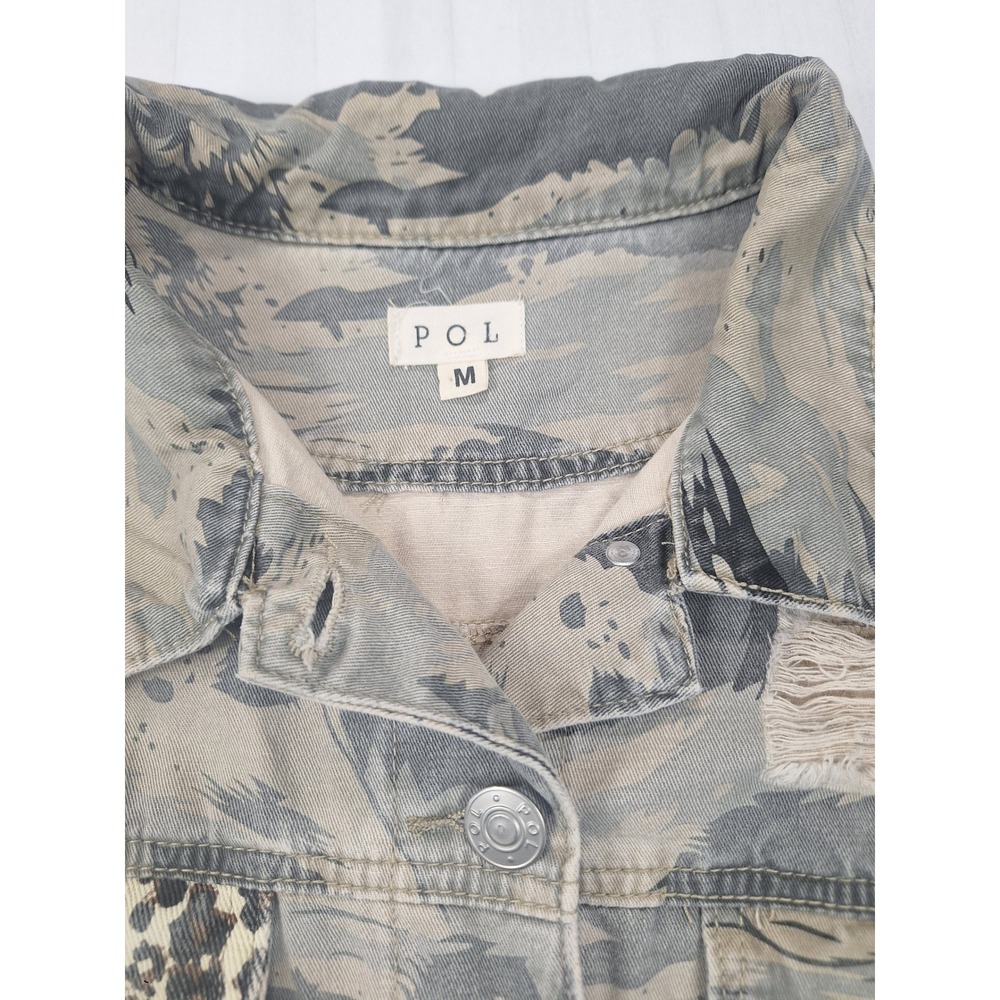 POL Womens Camo Leopard Print Distressed Denim Jacket Gray Size Medium - Picture 4 of 7